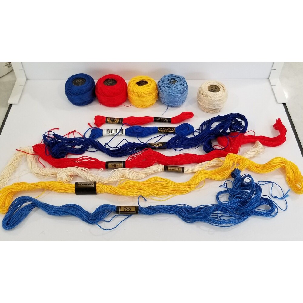 Lot of 12 Embroidery Threads – DMC Floss & Cotton Balls Mixed Colors